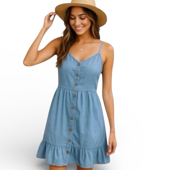Japna Dresses & Skirts - Japna Chambray Sundress XS Button Front Ruffle Hem Cotton